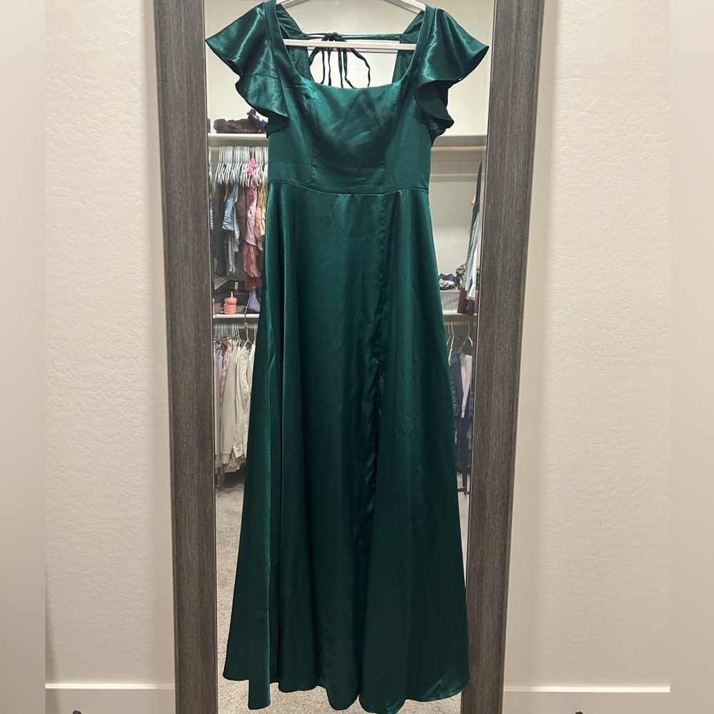 Azazie Bondi Emerald Metallic Satin Dress with Slit Size 6 - Picture 5 of 7